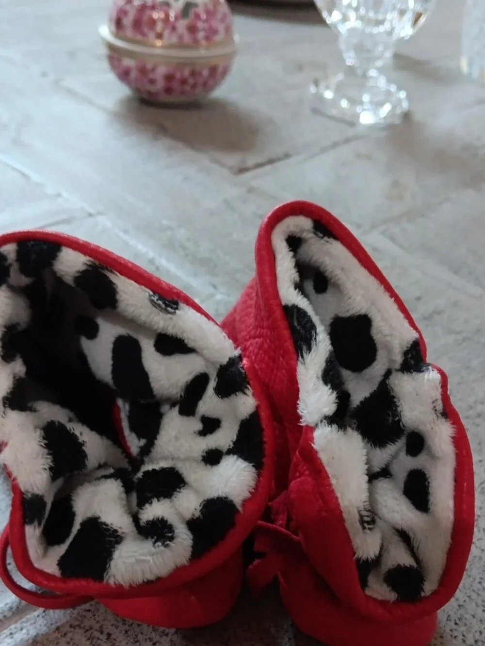 Geier Glove Co. Red Leather Baby Moccasins Dalmatian Print Fleece